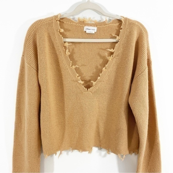 Lovers + Friends Revolve Camel Brown‎ Ribbed V Neck Sweater Distressed - Picture 4 of 9